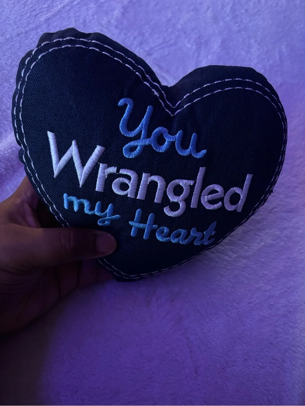 “You Wrangled My Heart” Embroidered Heart Plush Pillow | Western Farmhouse Decor
